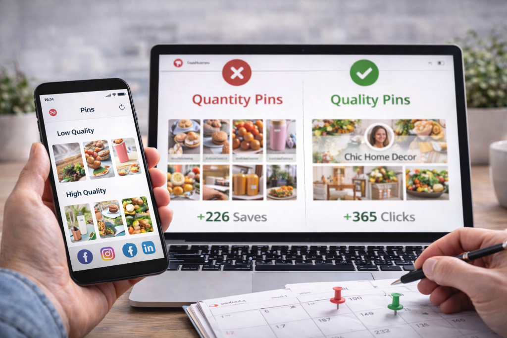 A photograph shows a person using a smartphone in one hand and holding a pen in the other, in front of a laptop displaying Pinterest pin performance analytics, emphasizing quality versus quantity.