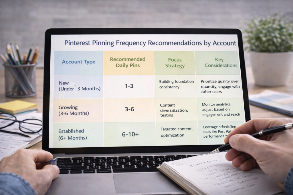 A digital photograph shows a Pinterest strategy table on a laptop screen, with a person taking notes in a well-lit workspace.