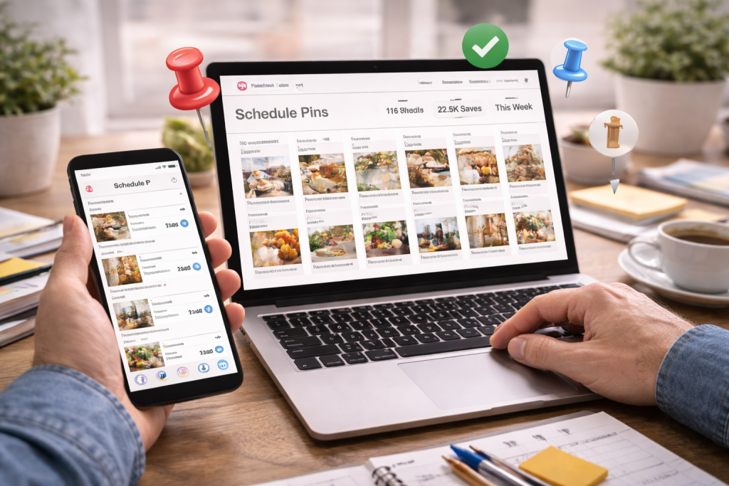 A digital photograph shows a close-up of a person using scheduling tools on a laptop and smartphone, with Pinterest pins displayed, in a cozy, organized workspace.