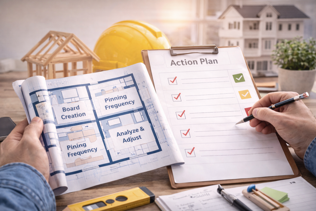A digital photo shows a person’s hands planning on a clipboard and blueprint with Pinterest pinning terms, surrounded by tools and a model house.