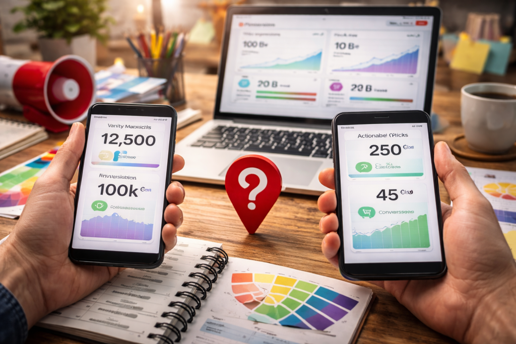 Two smartphones displaying vanity and actionable Pinterest metrics, placed on a desk with charts, a laptop, and a red pin icon, highlighting tracking differences.