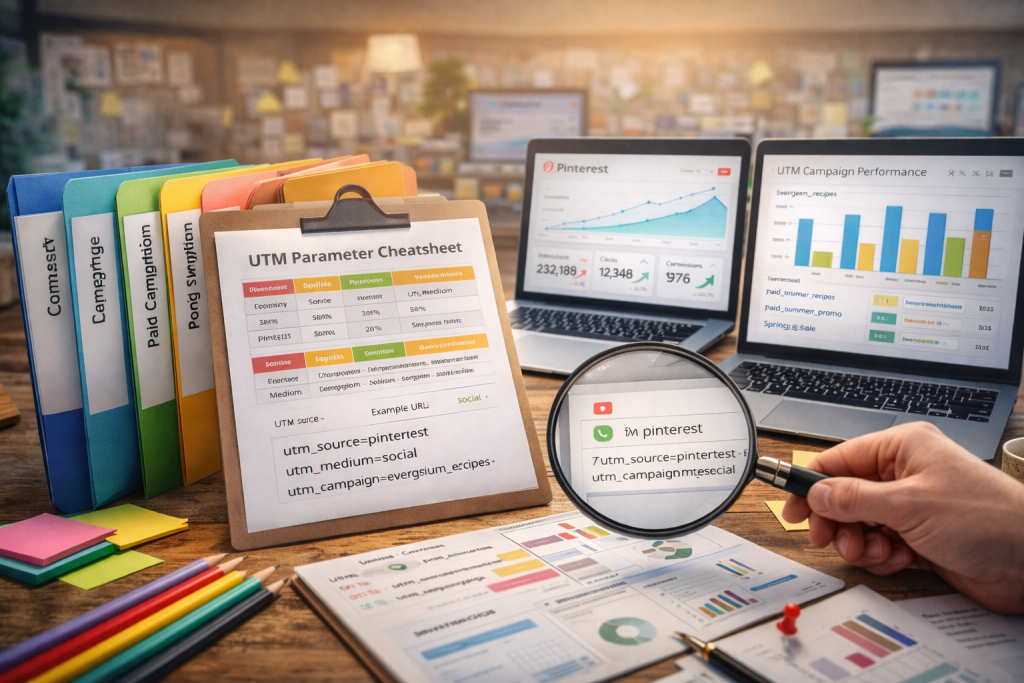 Organized workspace with laptops showing Pinterest analytics and UTM performance charts, clipboard UTM cheatsheet, color-coded folders, and a magnifying glass highlighting a tracked URL.