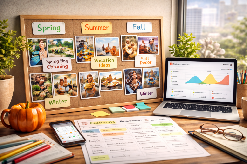 A photograph captures an organized workspace centered around seasonal Pinterest planning, with a corkboard divided into Spring, Summer, Fall, and Winter, surrounded by relevant notes and a laptop showing analytics.