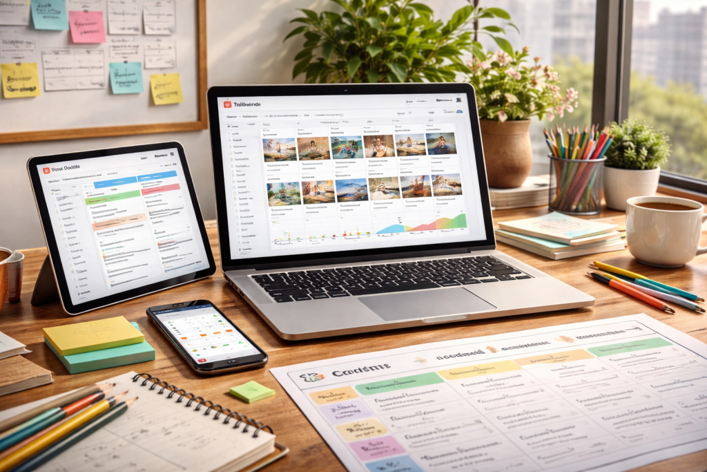 A high-resolution digital photograph showcases a bright modern desk setup with Pinterest scheduling tools on a laptop, tablet, and smartphone surrounded by colorful office supplies.