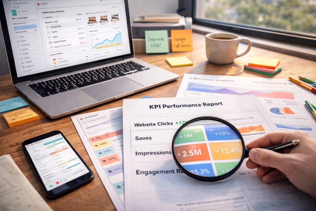 A high-resolution digital photograph displays analytics reports and Pinterest KPI metrics on a wooden desk with a laptop, smartphone, and colorful sticky notes.