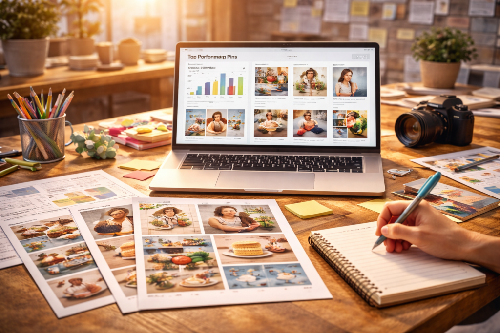 A photograph captures a bright and organized workspace with Pinterest strategy materials, analytics on a laptop, and planning notes on a wooden desk.