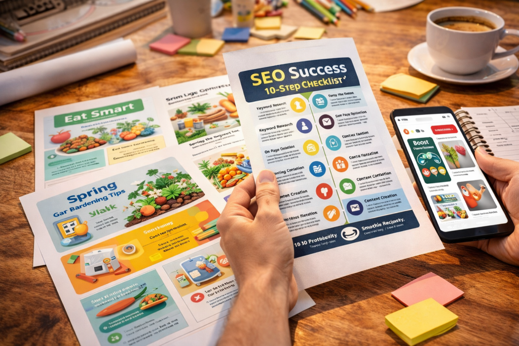 A digital photograph captures infographic-style Pinterest content planning with colorful printed designs, a smartphone displaying Pinterest Pins, and design tools on a wooden desk.