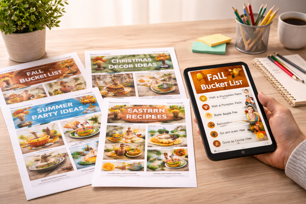 A bright, minimalist workspace decorated with subtle seasonal elements, including a small holiday wreath and festive desk accessories.