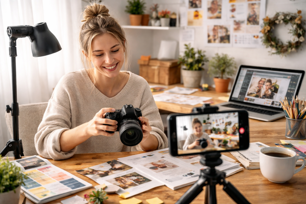 A young woman filming herself in a cozy home studio while working on creative content with a camera, laptop, and printed materials.