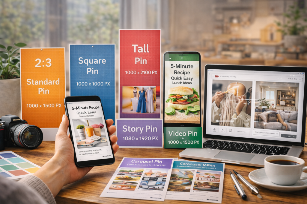 A high-resolution photo of a creative workspace with a monitor displaying Pinterest design templates.