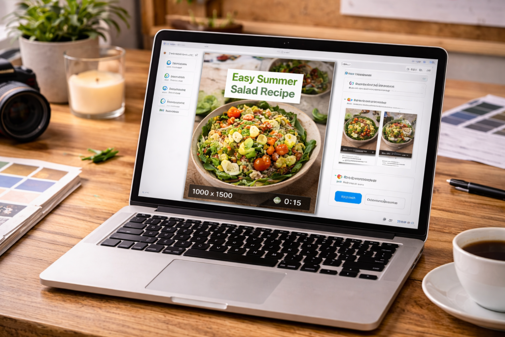 A high-resolution photo of a laptop displaying video editing software on a clean, modern desk.