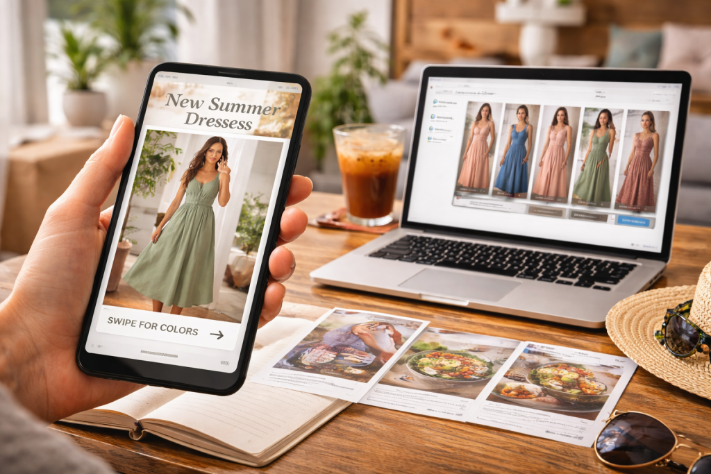 Pinterest Carousel Pin featuring dress options displayed on a smartphone and laptop in a cozy, sunlit workspace.