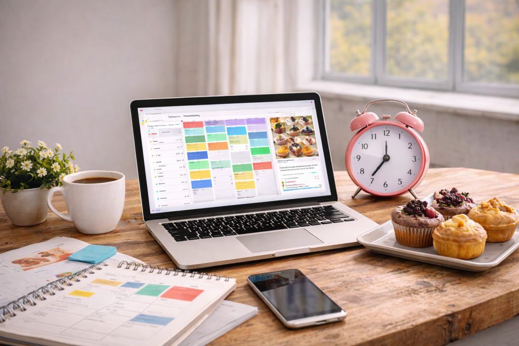 A well-lit workspace with a laptop and notebook on a clean wooden counter in a bright, modern bakery.
