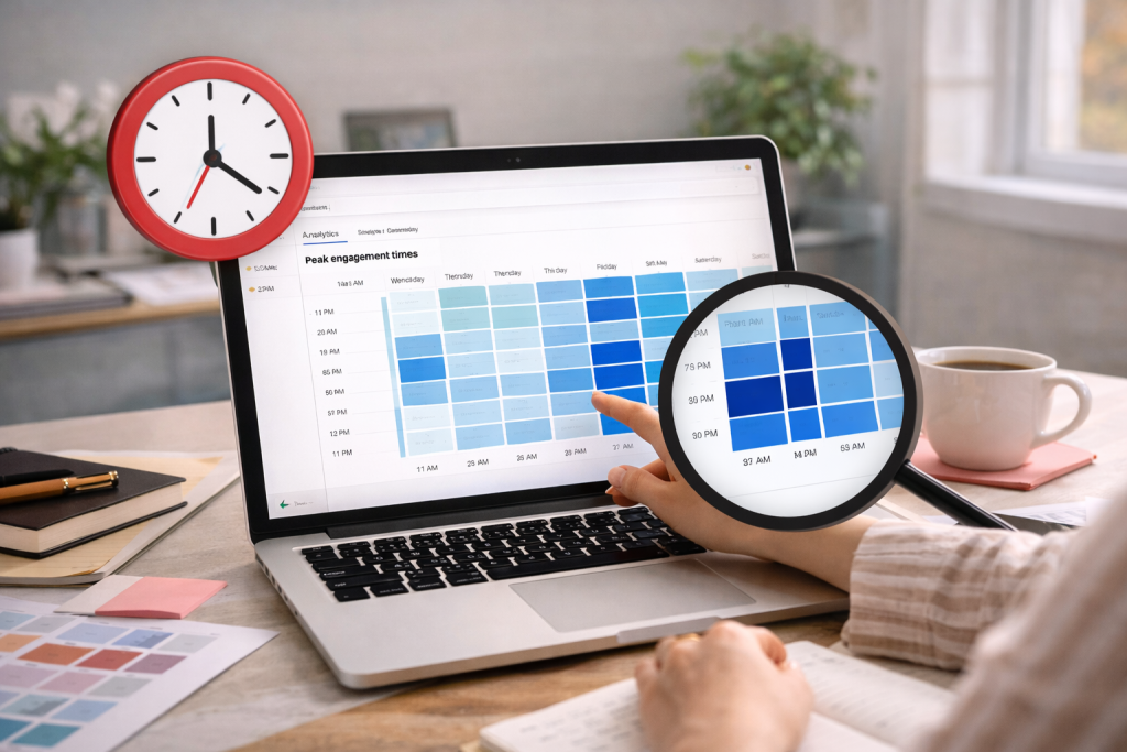 A person analyzing posting schedule on a laptop in a bright, organized workspace.
