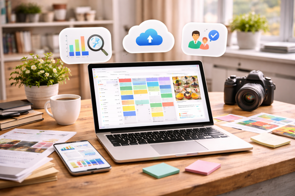 A modern workspace with a laptop displaying Pinterest scheduling tools and analytics.