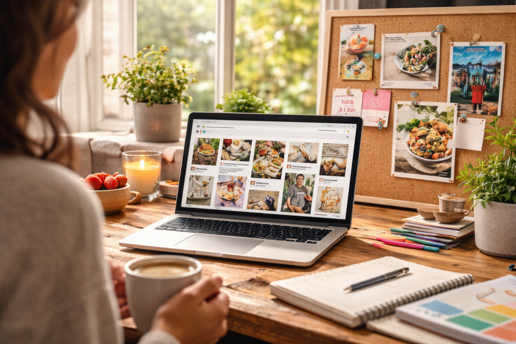 Woman using Pinterest on laptop in cozy, creative home office with natural light and idea board.