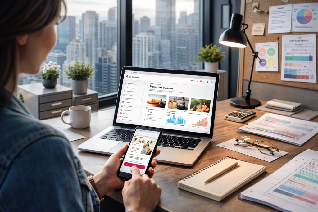 Woman managing Pinterest Business tools in a modern office with city skyline view.