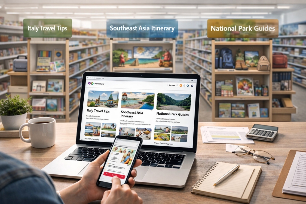Person managing Pinterest travel boards on laptop in store-themed background resembling content aisles.