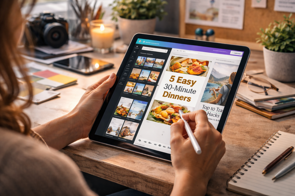 Woman designing Pinterest Pin on a tablet using a stylus in a cozy home office.