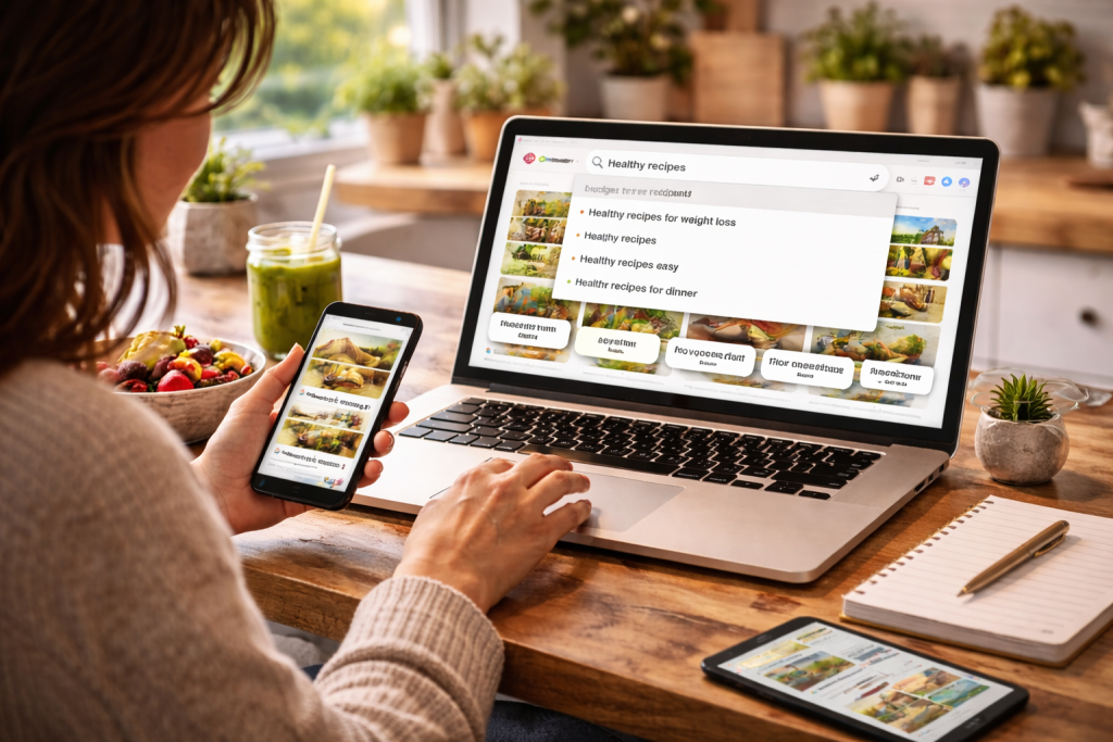 A woman using a laptop at a kitchen counter, searching Pinterest for healthy recipe ideas in a bright, cozy home setting.