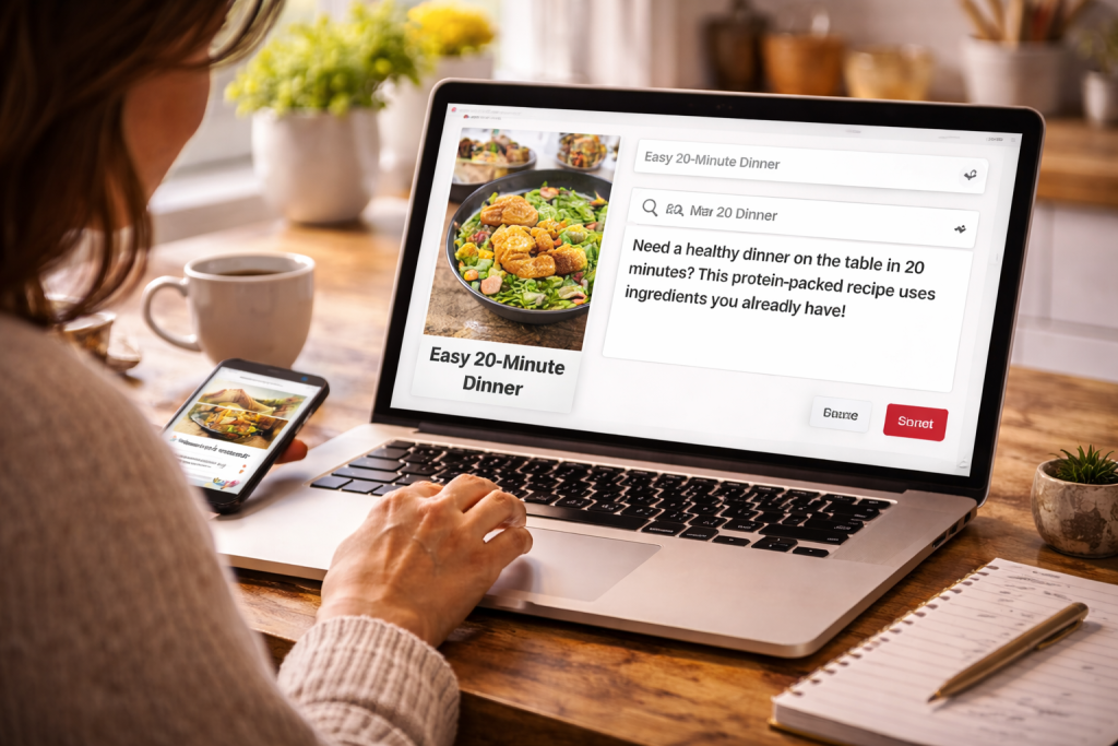 Woman writing a Pinterest Pin description on laptop with recipe and keywords in cozy home office.