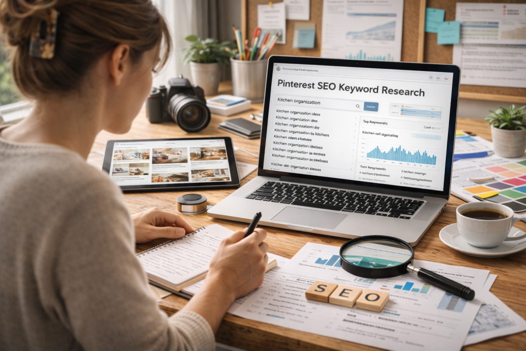 Woman researching Pinterest SEO keywords on laptop in home office, surrounded by charts, camera, tablet, and coffee on a wooden desk.