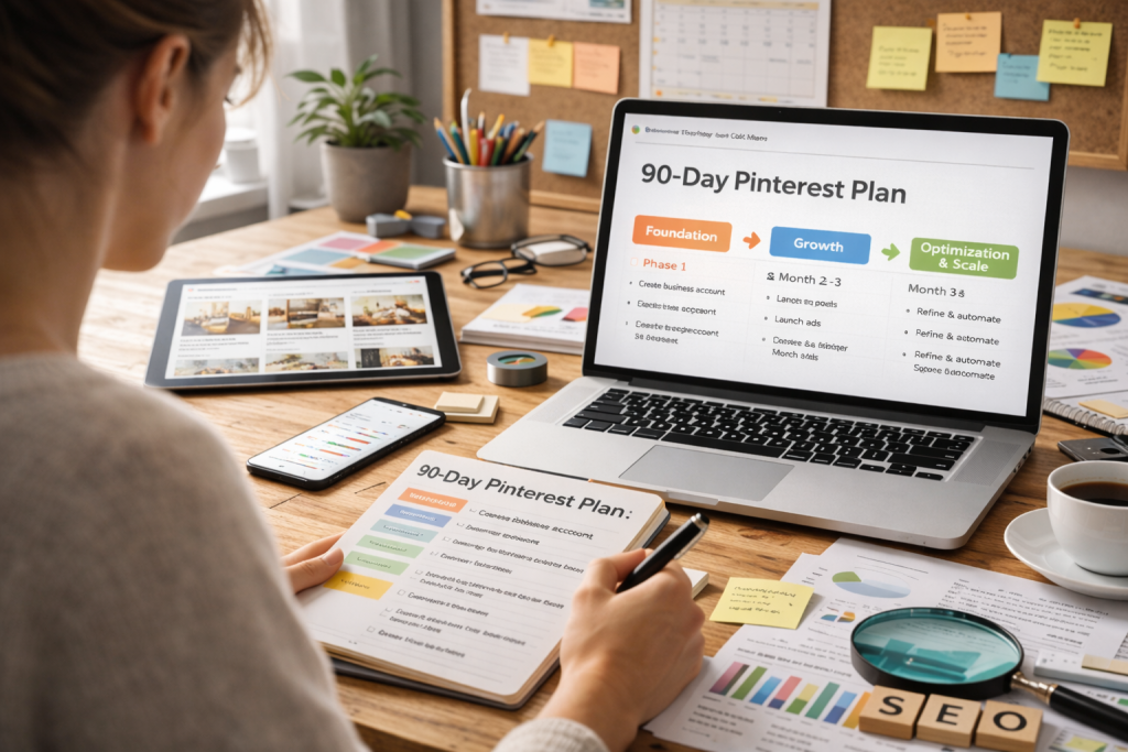 Person planning a 90-day Pinterest marketing strategy at a desk with laptop, tablet, planner, analytics charts, and sticky notes in a sunlit workspace.