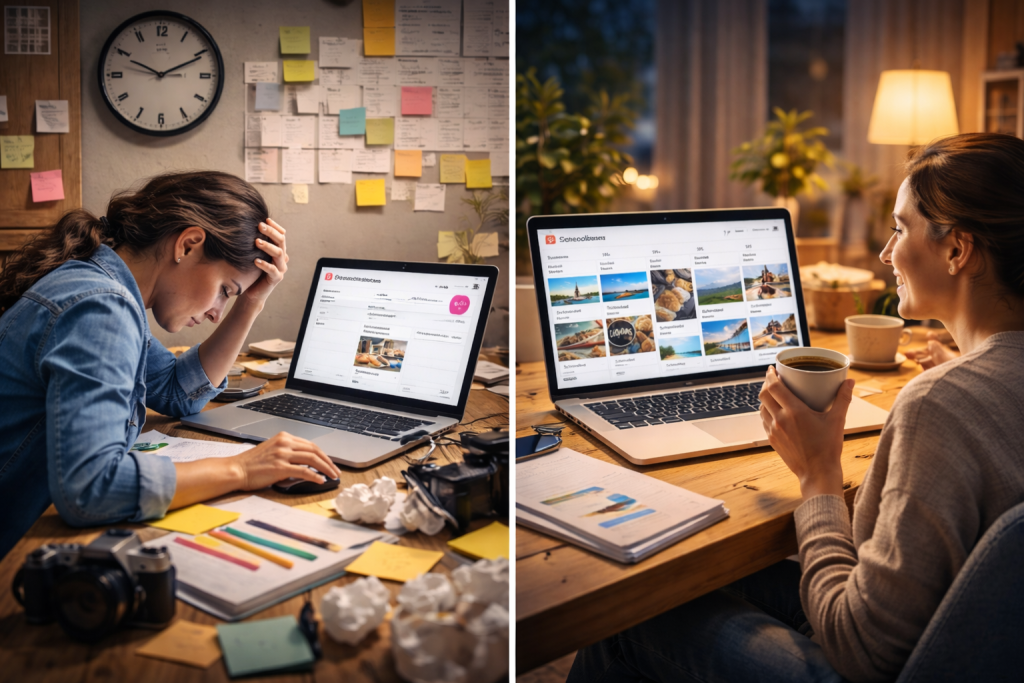 A photograph captures a split scene comparing manual Pinterest scheduling with a chaotic desk and stressed user versus smart automation with a calm, organized setup and relaxed user.