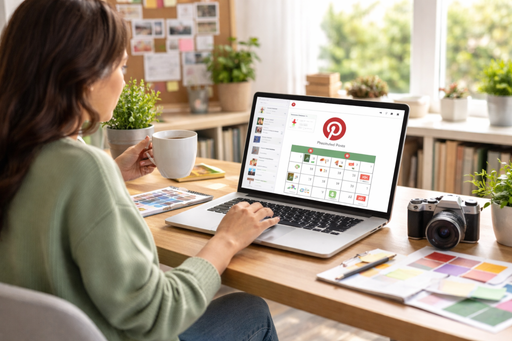 Woman scheduling Pinterest posts in a bright home office with coffee, laptop, and creative tools.