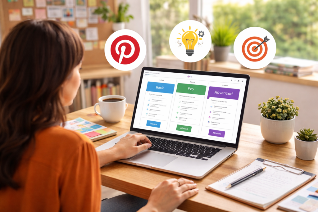 Woman comparing Pinterest scheduling tools on laptop in a bright workspace.