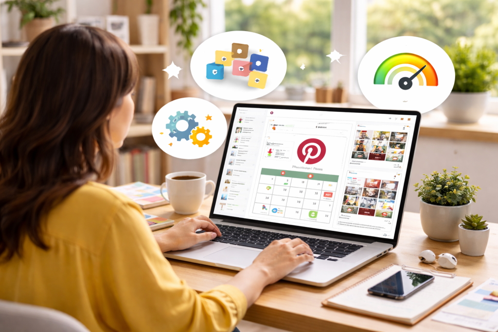 Woman using an advanced Pinterest scheduler on a laptop in a bright, modern workspace.