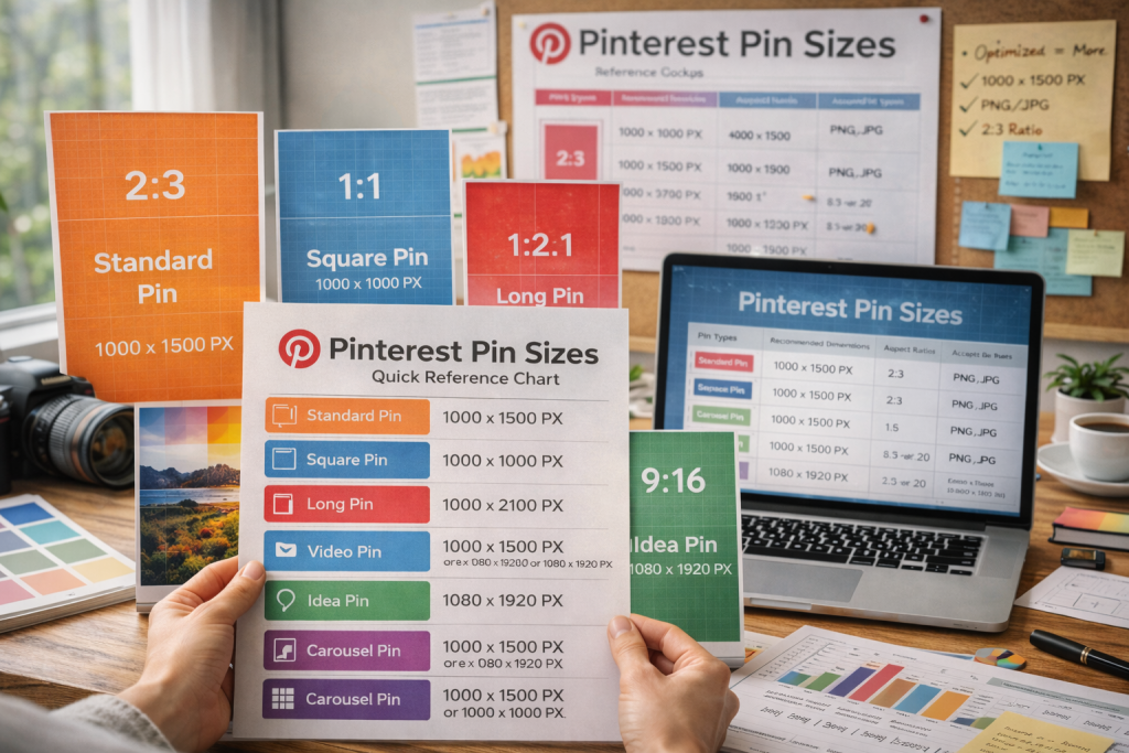 Person holding a printed Pinterest pin size reference chart at a creative desk with design tools and laptop.