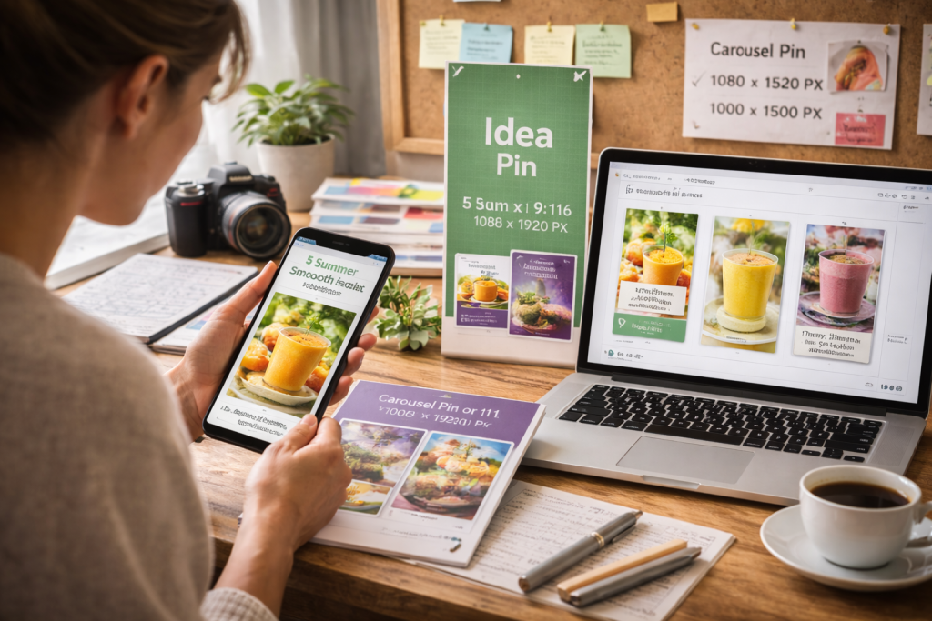 Woman creating Pinterest Idea and Carousel Pins at a creative desk with phone, laptop, printed guides, and pin dimension specs displayed.