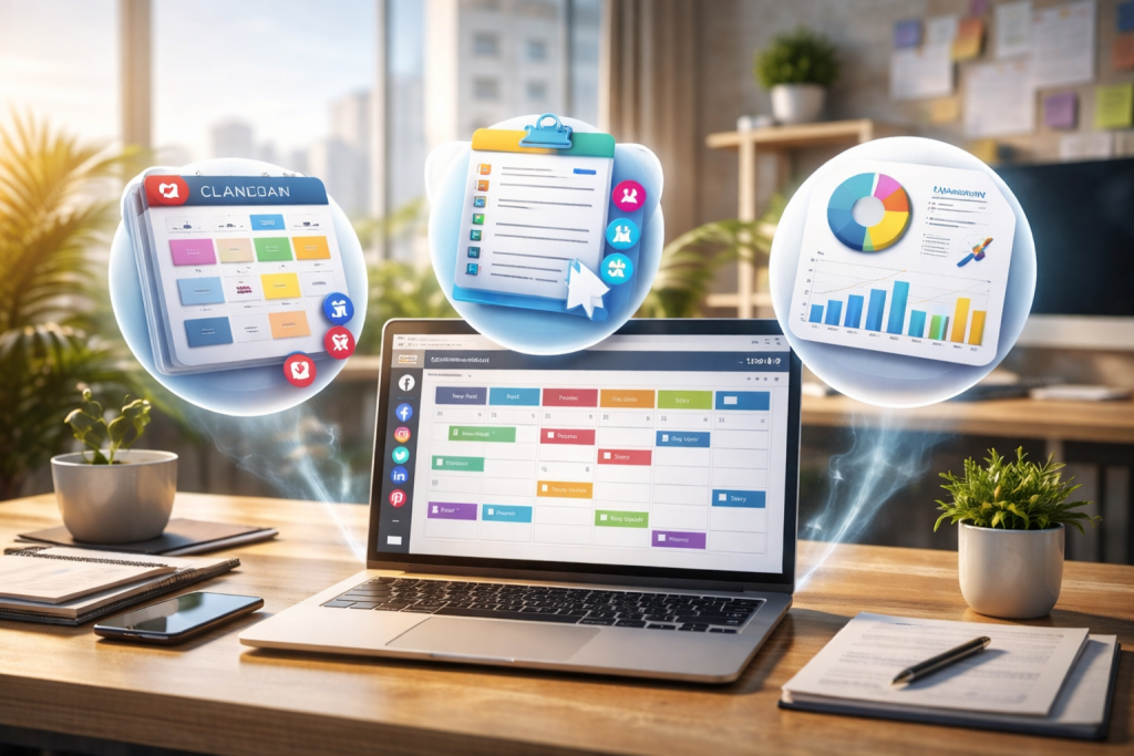 A modern office desk featuring a laptop displaying a colorful content calendar, with floating 3D icons representing a visual calendar, bulk scheduling, and analytics tools.