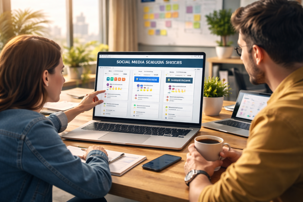 Two professionals reviewing social media scheduling software on a laptop in a modern, well-lit office setting.