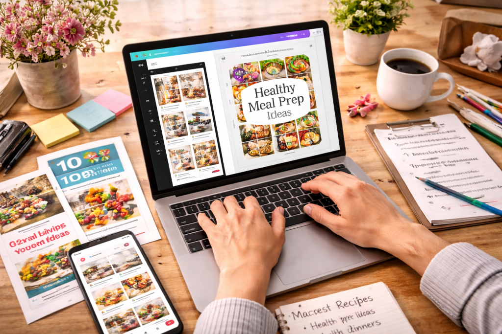 A top-down view of a person designing Pinterest pins on a laptop at a creative desk setup with printed pins, notes, and a smartphone.