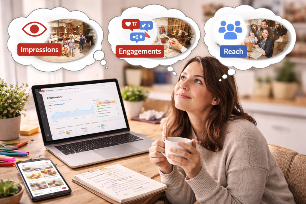 : A young woman sits at a café table imagining Pinterest analytics, visualized as floating icons labeled impressions, engagements, and reach.