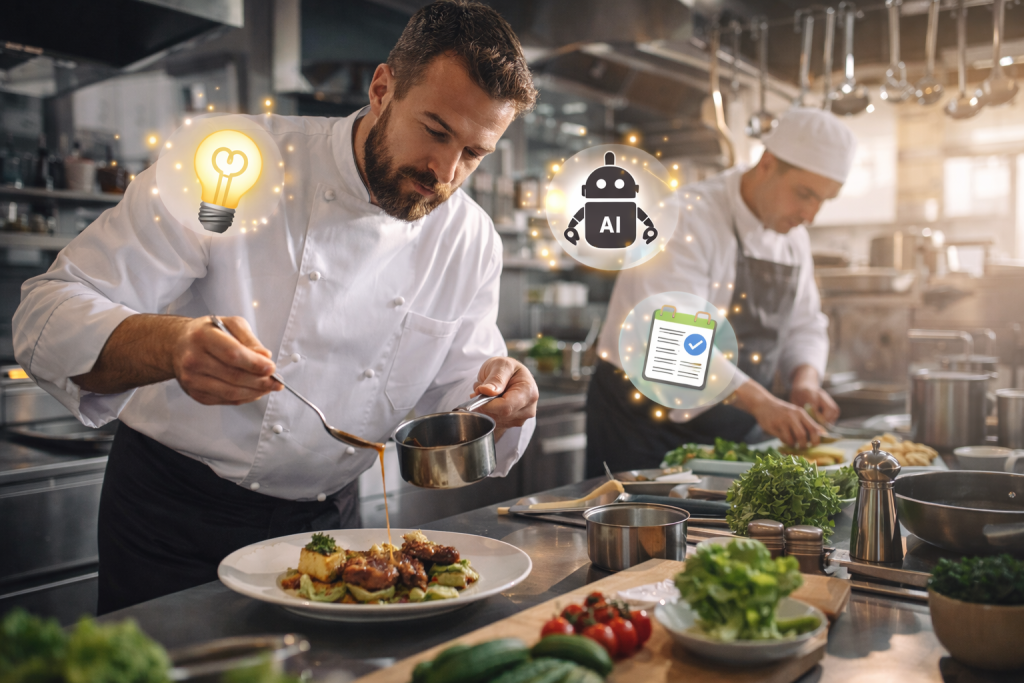 A professional chef carefully plates a gourmet dish while an assistant preps ingredients in a busy, modern kitchen—symbolizing the concept of content automation through a culinary analogy.