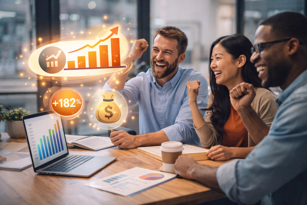 Team celebrating marketing success with laptop and growth charts in a modern office.