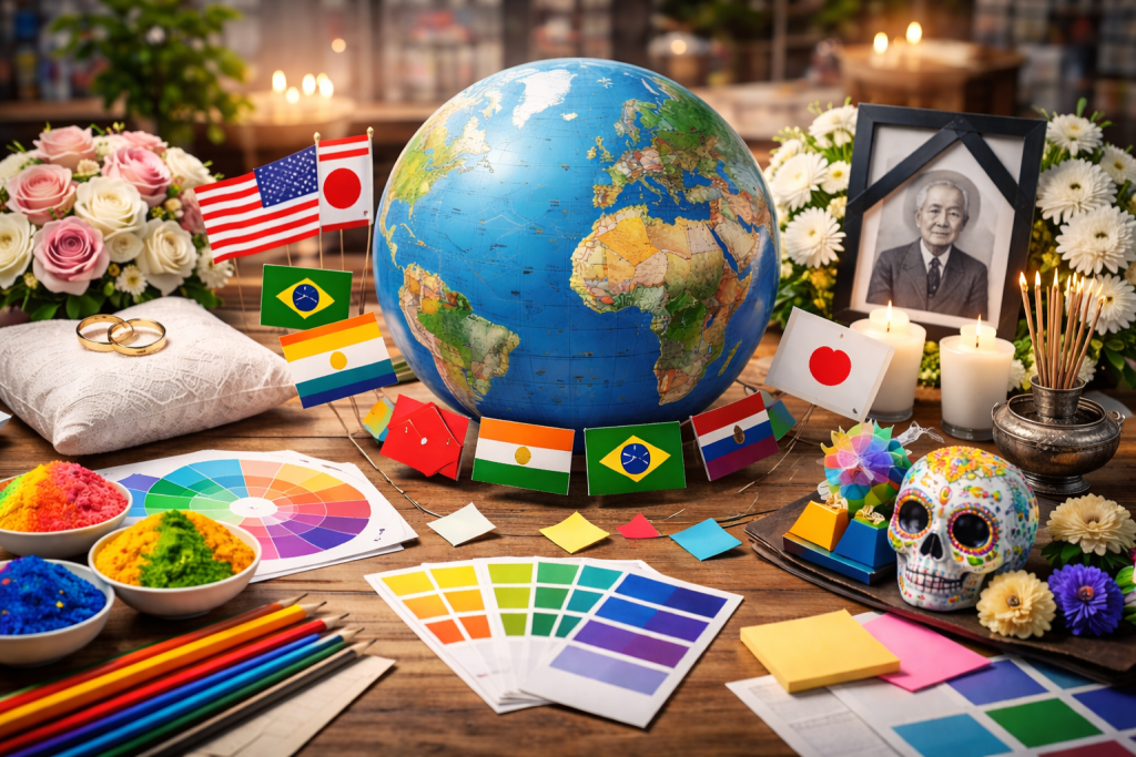 ealistic tabletop scene with a globe, international flags, wedding rings, a funeral portrait, Holi powders, and a sugar skull, illustrating cultural differences in color symbolism.