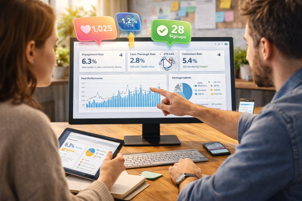 Two professionals analyzing key social media metrics like engagement, CTR, and conversion rate on a monitor and tablet in a modern office.