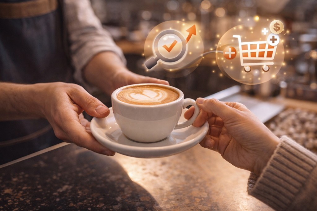 A person sitting at a café table with a laptop, reviewing content strategy notes and charts, symbolizing the process of content optimization.