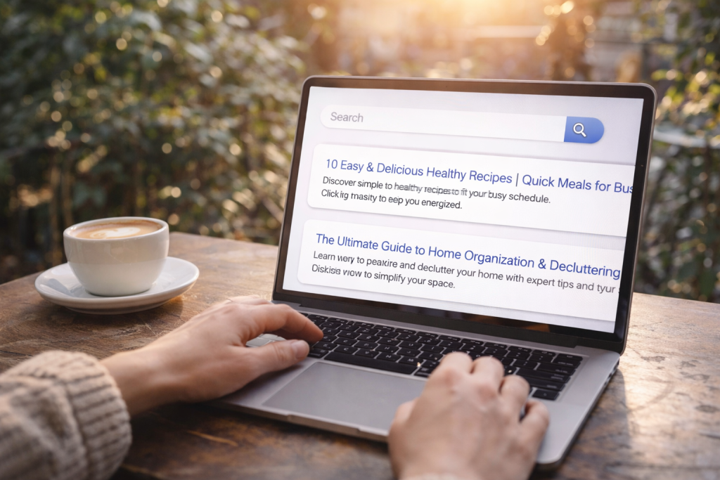 Person browsing search results on a laptop outdoors with coffee nearby, representing SEO optimization work.