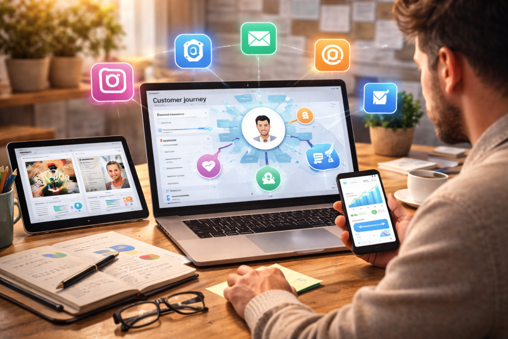 Marketing professional managing omnichannel campaigns across laptop, tablet, and phone in a modern office.