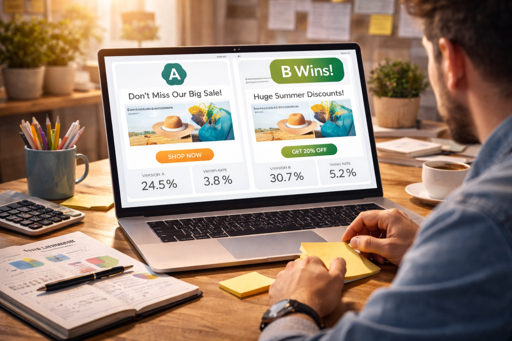 Marketer analyzing A/B test results on a laptop in a creative office workspace.