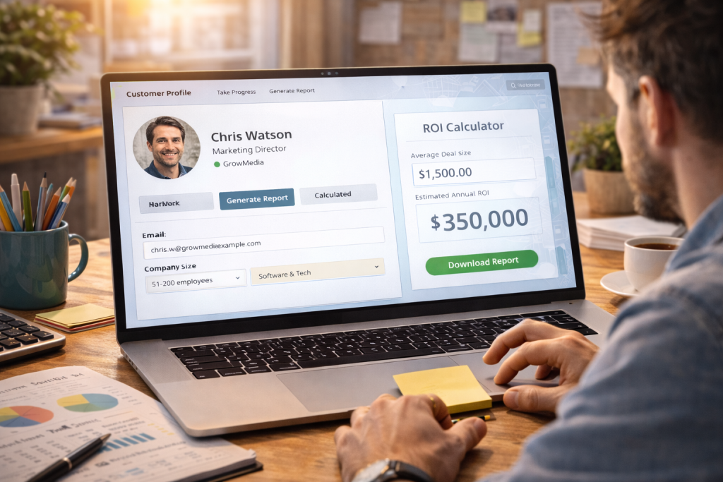 A business professional works on a laptop, enhancing a digital customer profile with progressive profiling and ROI tools in a bright, organized workspace.