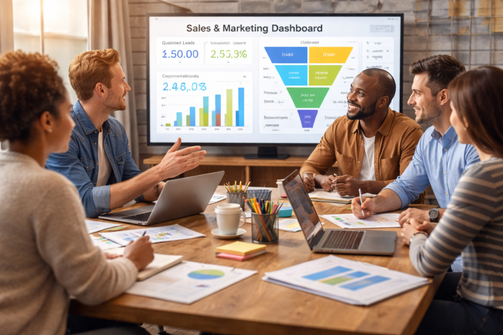A collaborative sales and marketing team reviews campaign data and KPIs around a modern office table.