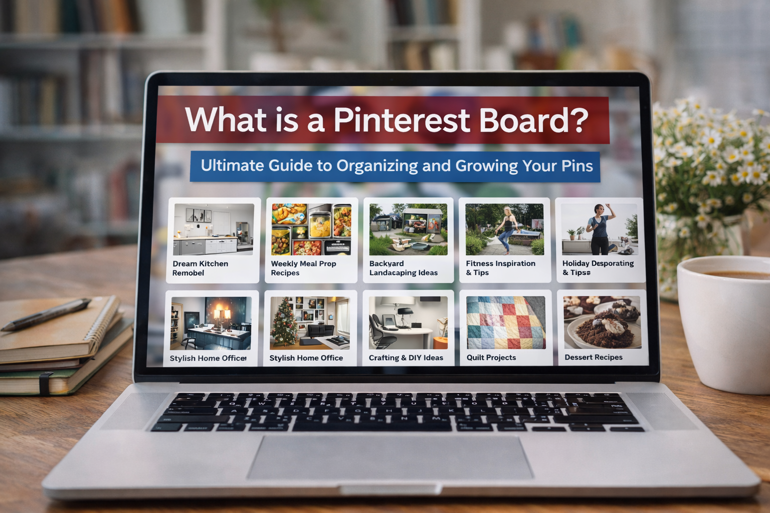 Laptop on a desk displaying a Pinterest board guide with themed boards for organizing and growing Pins.