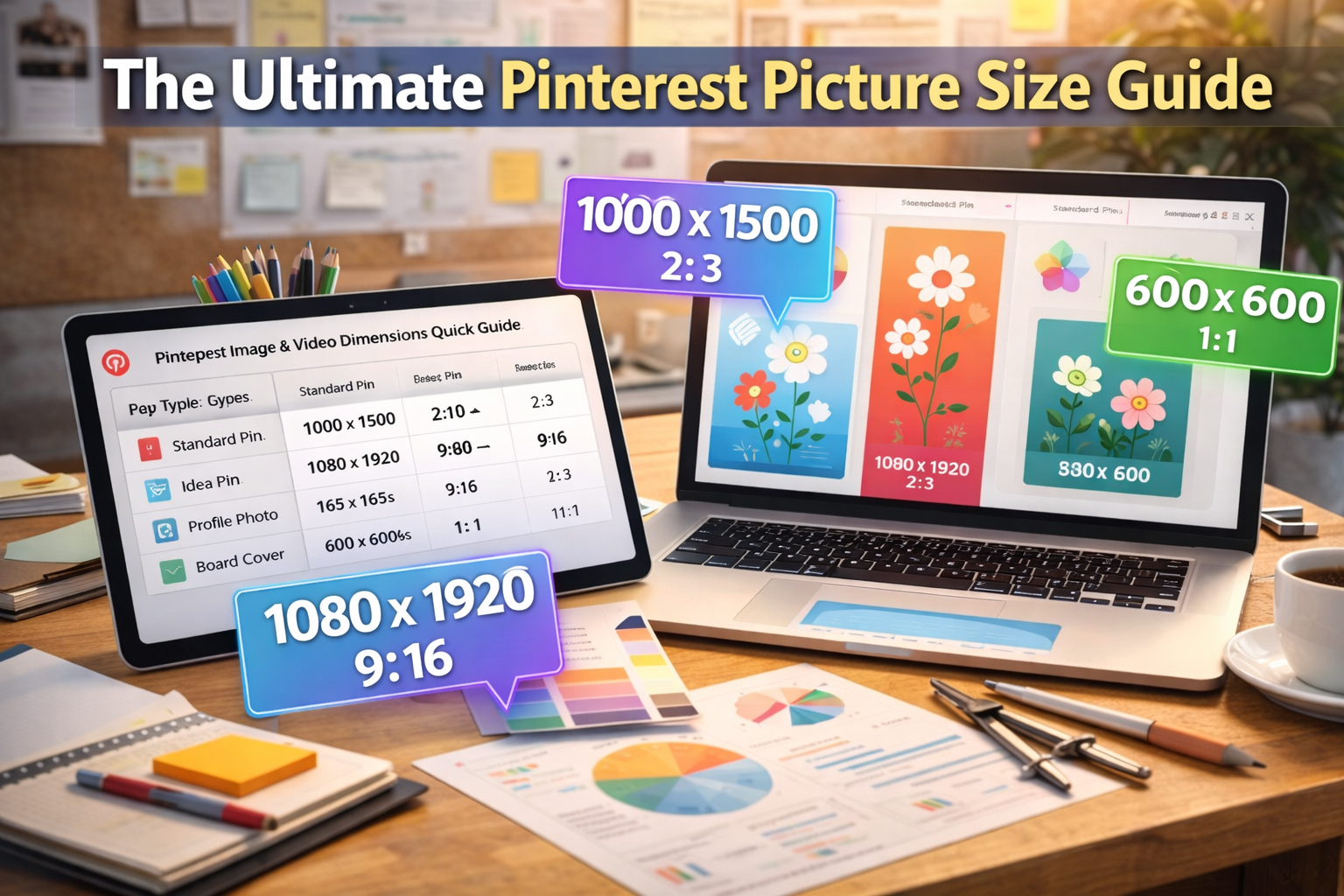 A creative workspace setup with a laptop and tablet displaying Pinterest image size references, surrounded by colorful charts and design tools.