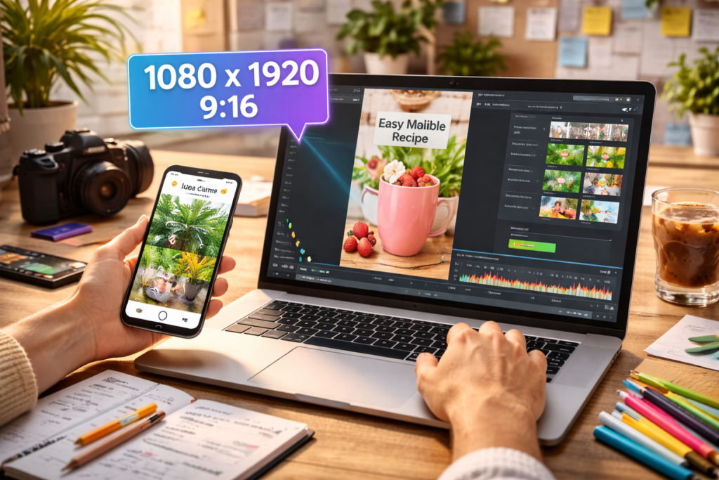 A creative workspace shows someone editing a Pinterest Idea Pin on a laptop while previewing another on a smartphone, surrounded by content creation tools.